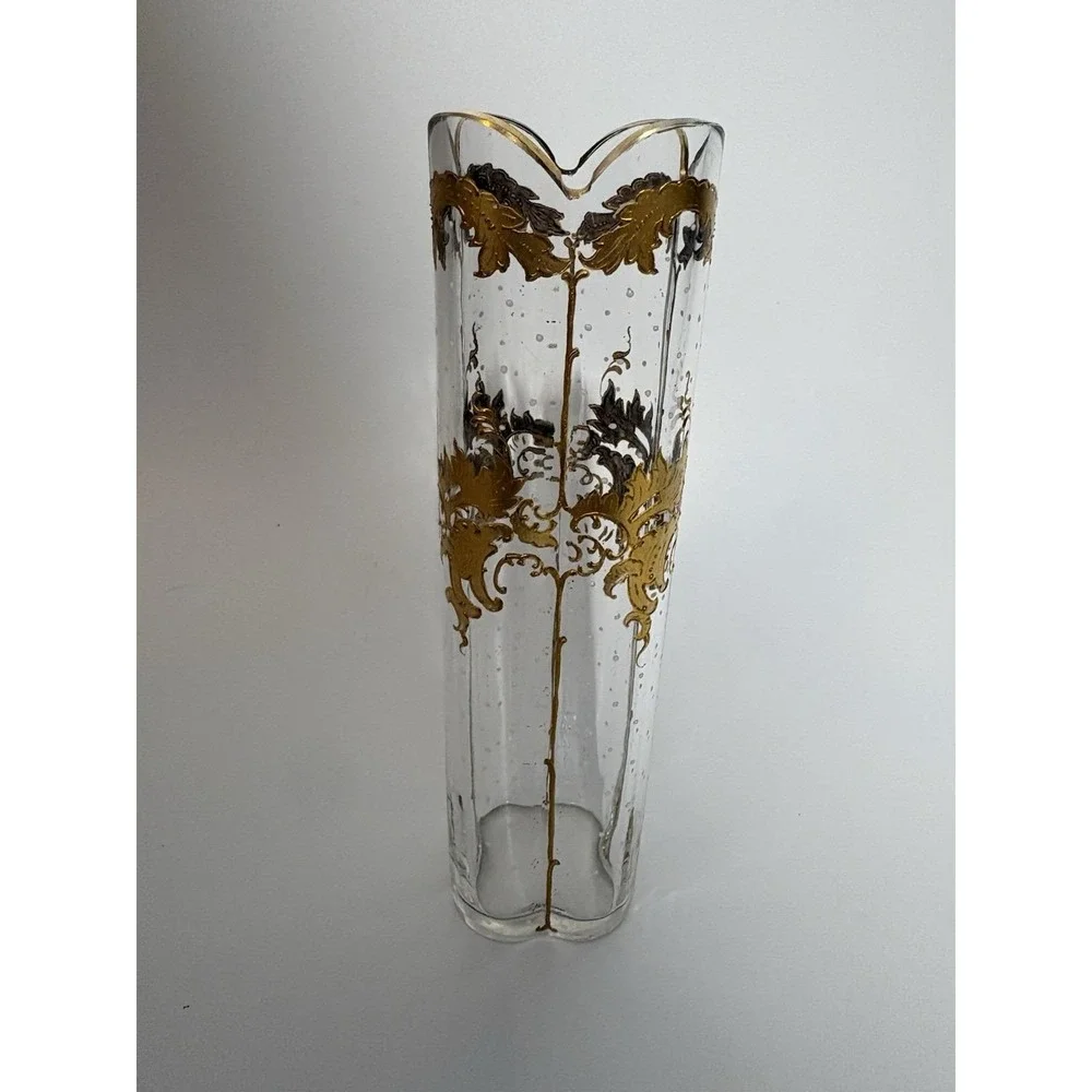 Antique Bohemian Art Glass Vase Raised Gold Gilt Enamel Quatrefoil Bubbles 7 In